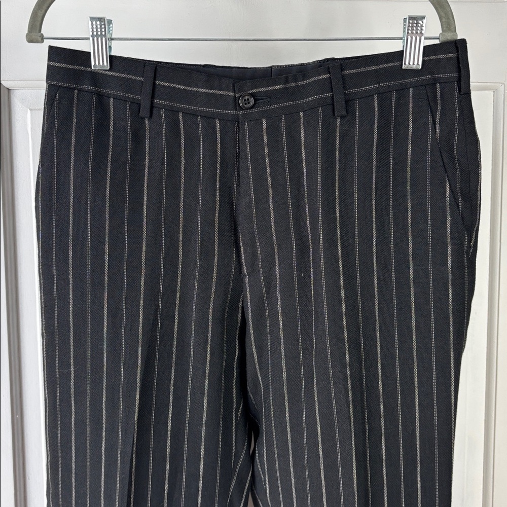 Ralph Lauren Black Label Black Pinstripe Linen/Wool Blend Dress Trousers